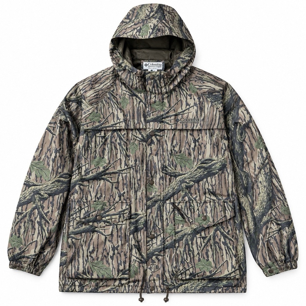 Columbia Sportswear Vintage PVC Mossy Oak Camo Rain Jacket Mens L Waterproof